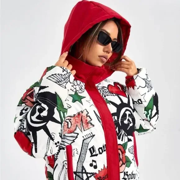 NWT Stylish Graphic Winter Puffer Jacket - Picture 10 of 16